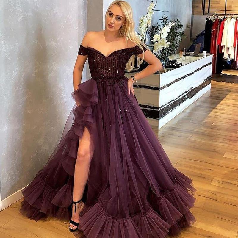 Side Split Ruffles Tulle Vestidos De Novia Beaded Sequins Off Shoulder Prom Dresses Long A Line Special Occasion Evening Gowns