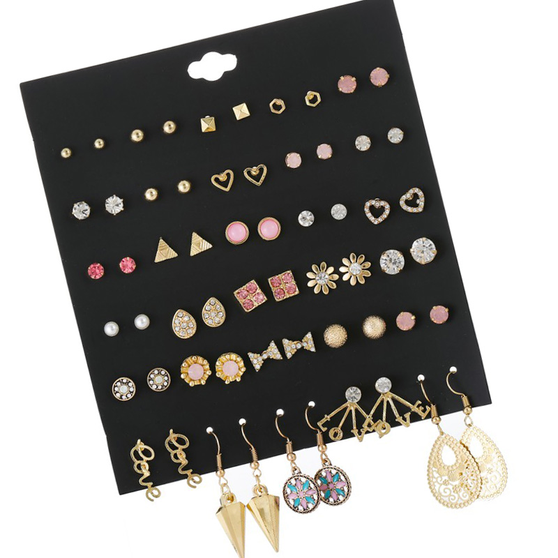 30 Pairs/set Fashion Gold Metal Alloy Earrings For Women Geometric Square Hexagon Stud Earrings Set Pink Rhinestone Earring Gift
30 Pairs/set Fashion Gold Metal Alloy Earrings For Women Geometric Square Hexagon Stud Earrings Set Pink Rhinestone Earring Gift
