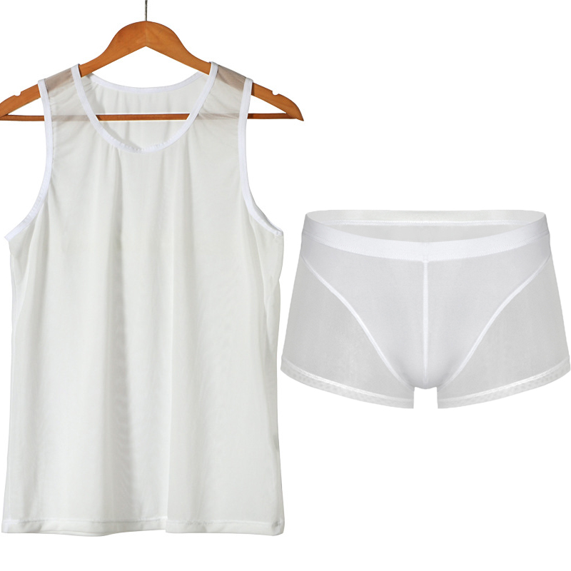 Men Undershirts Sets Sexy Mesh Transparent Breathable Underwear Tank Tops Boxer Shorts Sleepwear Shirts Trunks Nightwear Suits, White sets
Men Undershirts Sets Sexy Mesh Transparent Breathable Underwear Tank Tops Boxer Shorts Sleepwear Shirts Trunks Nightwear Suits, White sets