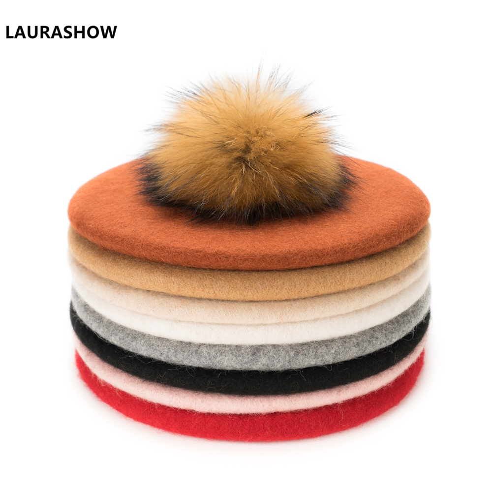 Laurashow Baby Beret Warm Wool Winter Beanie Hat With Real Fur Ball Pom Poms Girl Vintage Plain Kids Beret Hats Parent-child Cap LJ200917
