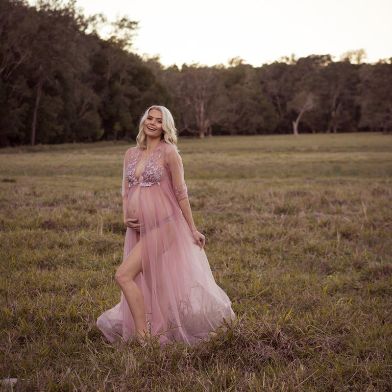 Pink Illusion Tiereds Ruffles Tulle Long Sleeve Plus Size Appliques Kimono Pregnant Party Sleepwear Women Bathrobe Sheer Nightgown Robe