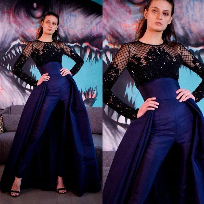 Navy Jumpsuits Lace Evening Dresses With Detachable Train Beaded Sheer Jewel Neck Long Sleeves Prom Gowns Satin Appliqued Formal Dress