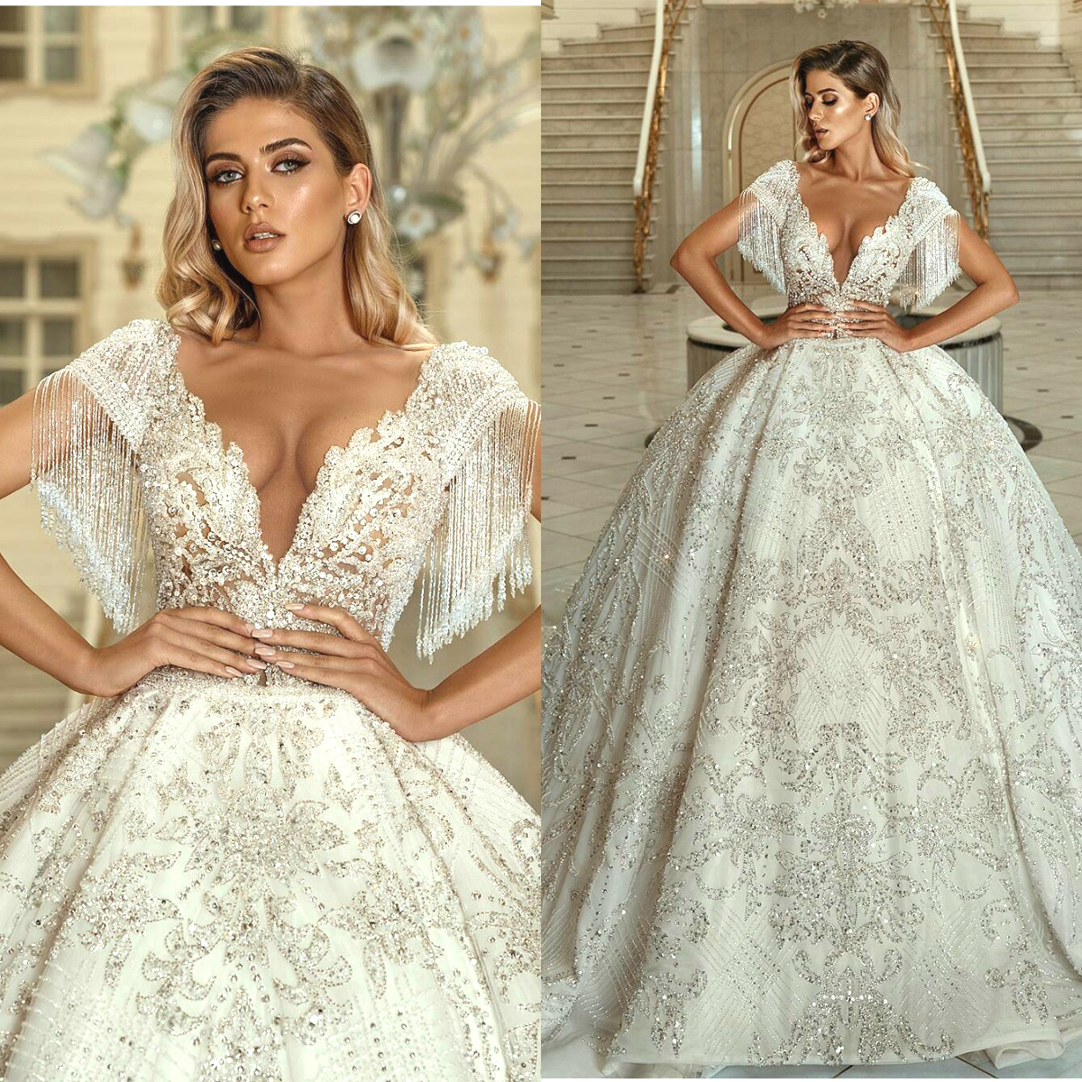 Luxury Wedding Dresses Sequins Beaded Rhinestones Wedding Dress Custom Made Sweep Train Tassel Vestidos De Novia