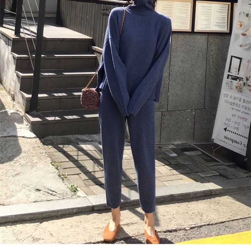 Women's Knitted Suits Autumn Winter Knitted Pants+Loose Thick Turtleneck Sweaters Wide Leg Pants Trousers Two-piece Set T200916