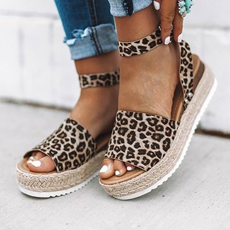 Women's Platform Sandals 2020 Summer Leopard Wedge Ladies Beach Dress Party Sandals Buckle Plus Size High Heel Female Shoes Y200620