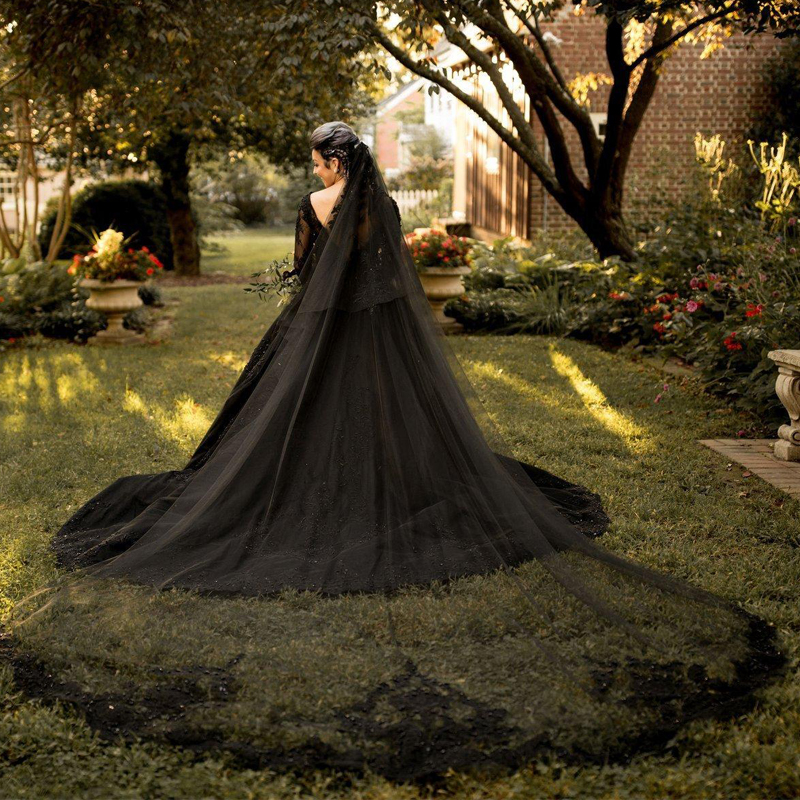 Long Black Lace Sleeves Backless Wedding Dresses V Neck Sequined Bridal Gowns Beaded Sweep Train Robe De Marie