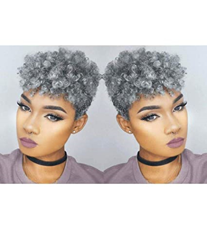 Fabulous short grey kinky ponytail human hair extension for black women afro puff silver grey two tone blend salt n pepper natural highlights updo bun
