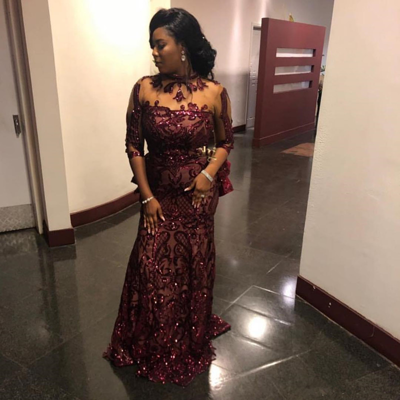 Aso Ebi arabic Sparkly Evening Formal Dresses with Long Sleeve 2021 Shiny Burgundy Sequins Applique Mermaid Prom Gowns