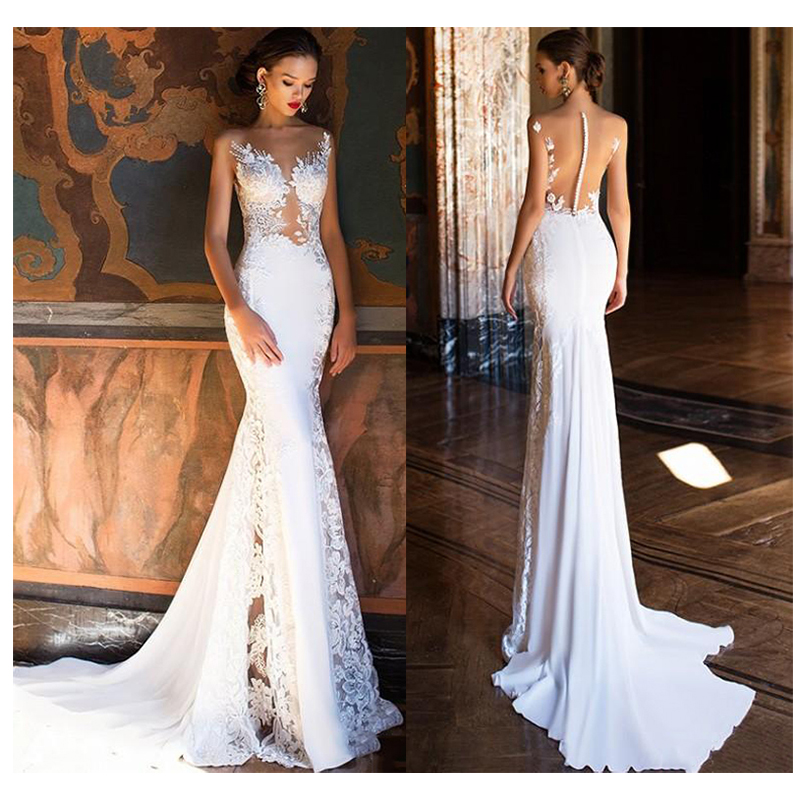 2019 White Lace beach Wedding Dresses Lace Appliques lORIE Mermaid Bride Gowns Sexy See Through Floor Length Wedding Gowns
2019 White Lace beach Wedding Dresses Lace Appliques lORIE Mermaid Bride Gowns Sexy See Through Floor Length Wedding Gowns