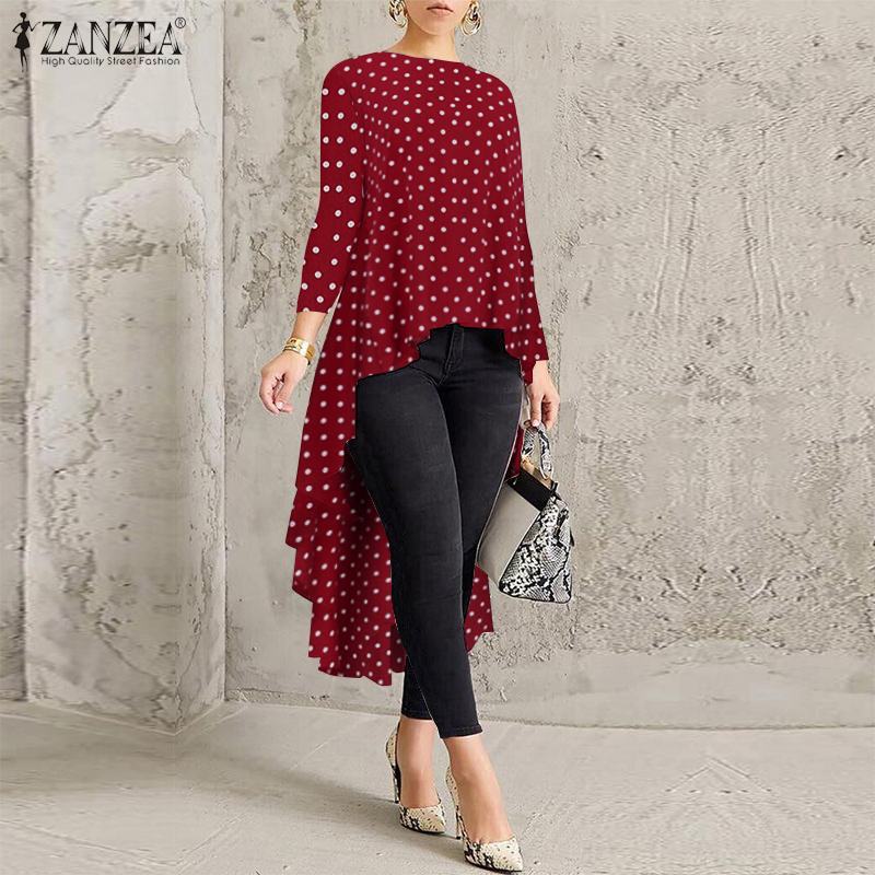Stylish Printed Asymmetrical Tunic Women's Polka Dot Blouse ZANZEA Spring Long Sleeve Shirts Female Pleated Tops Oversized 5XL 200925