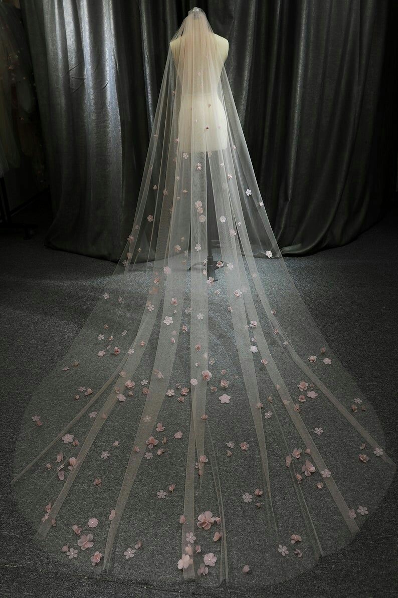 Pink Floral Wedding Veils Custom Made One Layer Appliqued Bridal Veil Veu De Noiva Wedding Veil