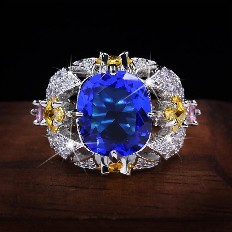 Choucong New Sparkling Luxury Jewelry 925 Sterling Silver Multi Color Blue Sapphire CZ Diamond Gemstones Flower Women Wedding Band Ring