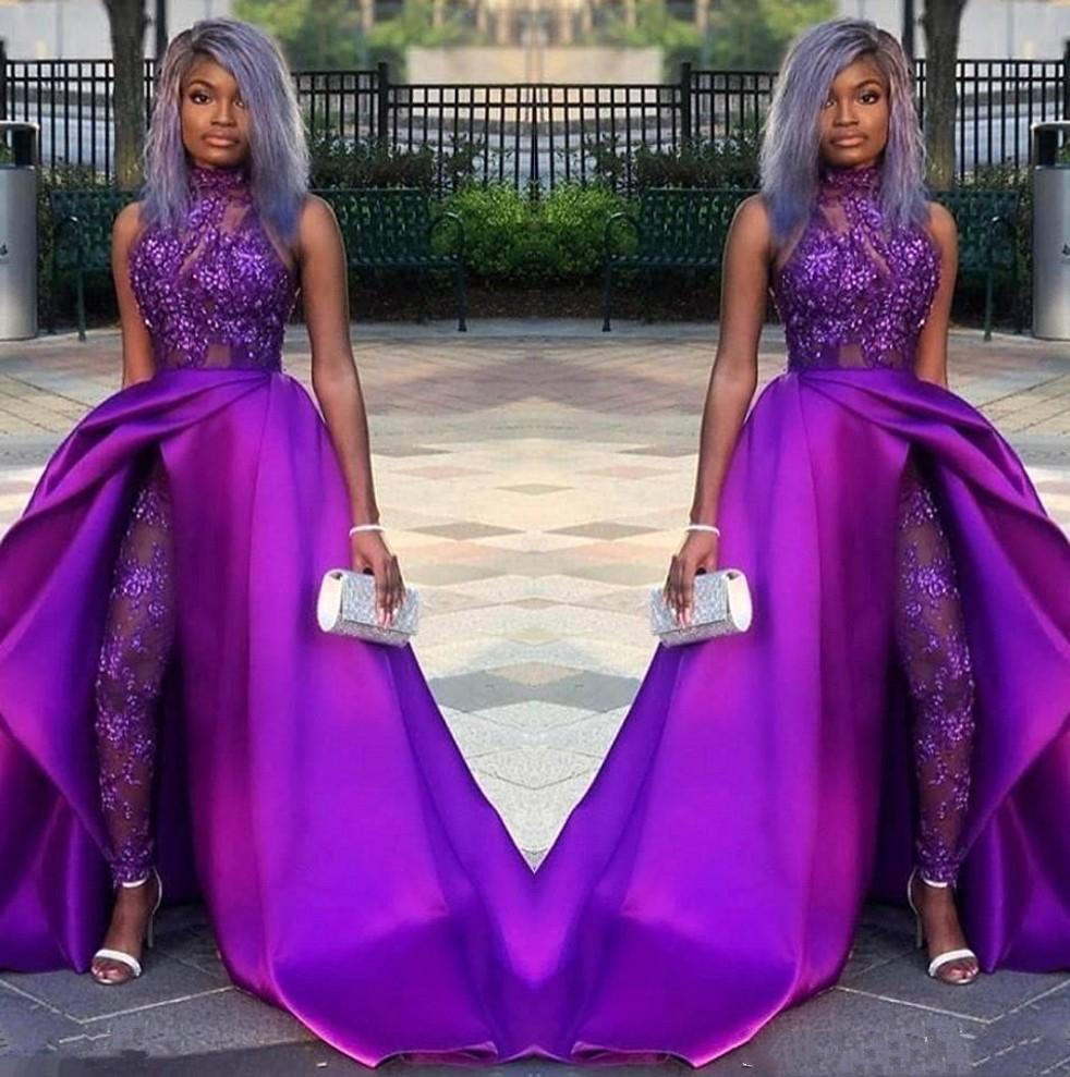Chic African Women Jumpsuits Prom Dresses With Detachable Train High Neck Lace Appliques Beads Evening Gowns Pant Suits Party Dress Vestidos 2022