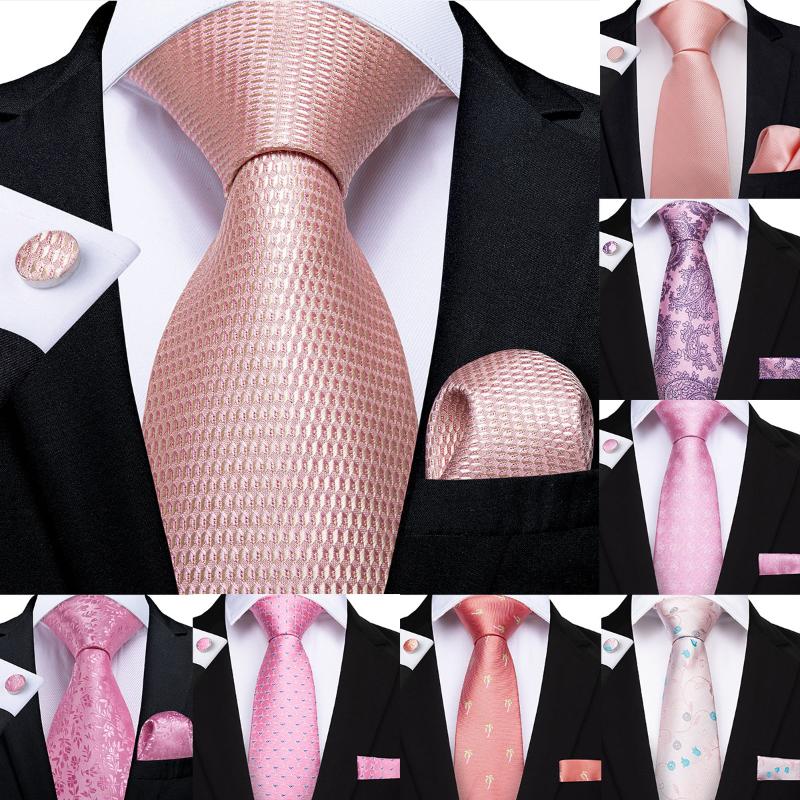 Fashion Peach Pink Solid Silk Wedding Tie For Men Hanky Cufflinks Coral Tie Gravat DiBanGu Business Wedding Party Set