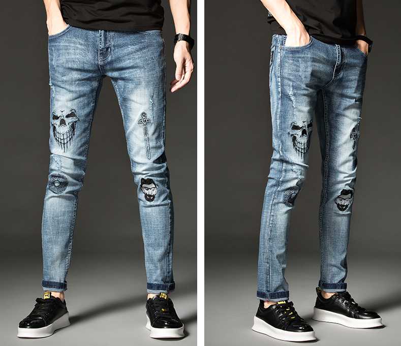 Skull Mens hop-hip Embroidery Soft Stretch Cotton Denim Slim Light Blue Jeans Vintage Casual Streetwear Pants