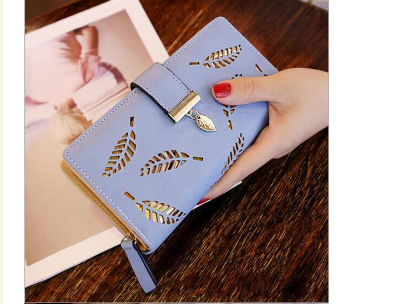 Korean Styles Long Leather Wallets Leaves Hollow Out Handbags Zipper Buckle Ladies Purse Wallet Wholesale and Retail