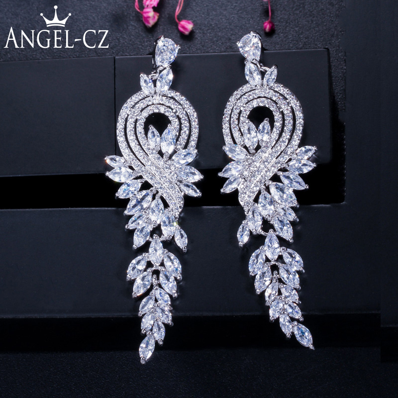 ANGELCZ Glittering Bridesmaid CZ Jewelry Leaf Shape Zirconia Inlaid Women Long Drop Earrings For Wedding Dress Accessories AE027
ANGELCZ Glittering Bridesmaid CZ Jewelry Leaf Shape Zirconia Inlaid Women Long Drop Earrings For Wedding Dress Accessories AE027