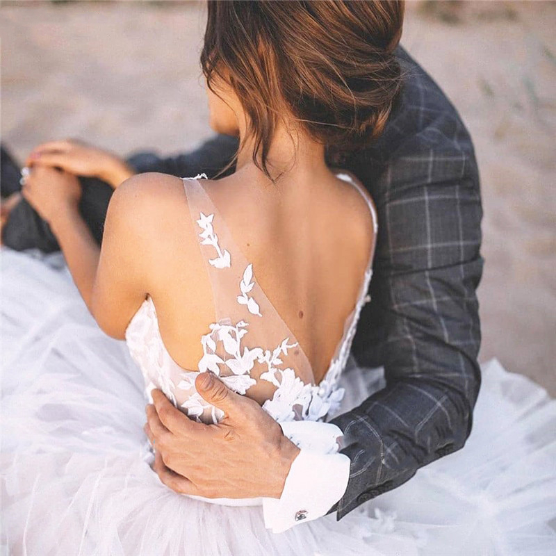 Puffy A Line Boho Wedding Dresses 2021 Sexy Backless Long Beach Tulle Bridal Gowns Appliques Lace Country Bride Dress vestidos de noiva