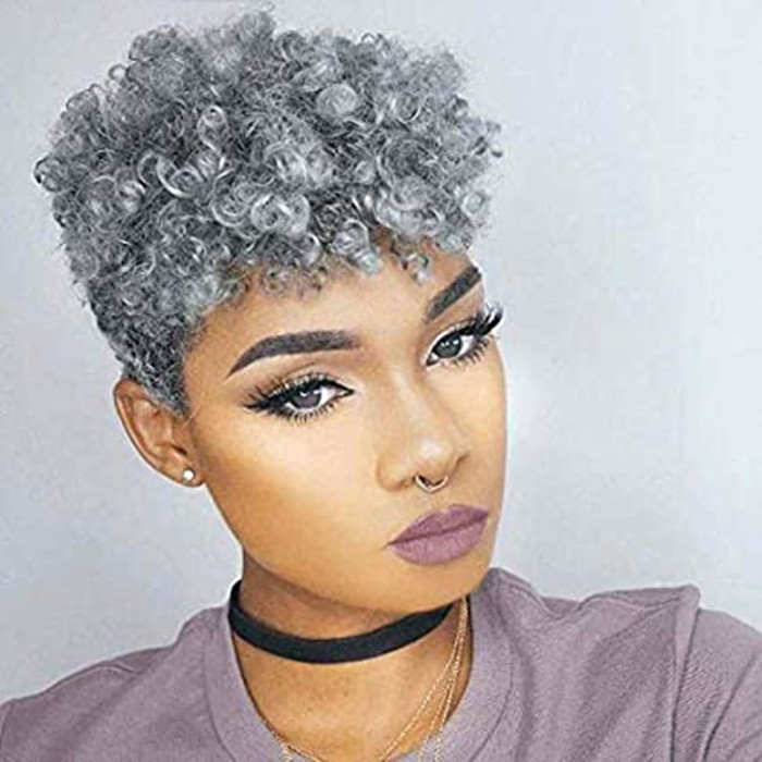 Fabulous short grey kinky ponytail human hair extension for black women afro puff silver grey two tone blend salt n pepper natural highlights updo bun