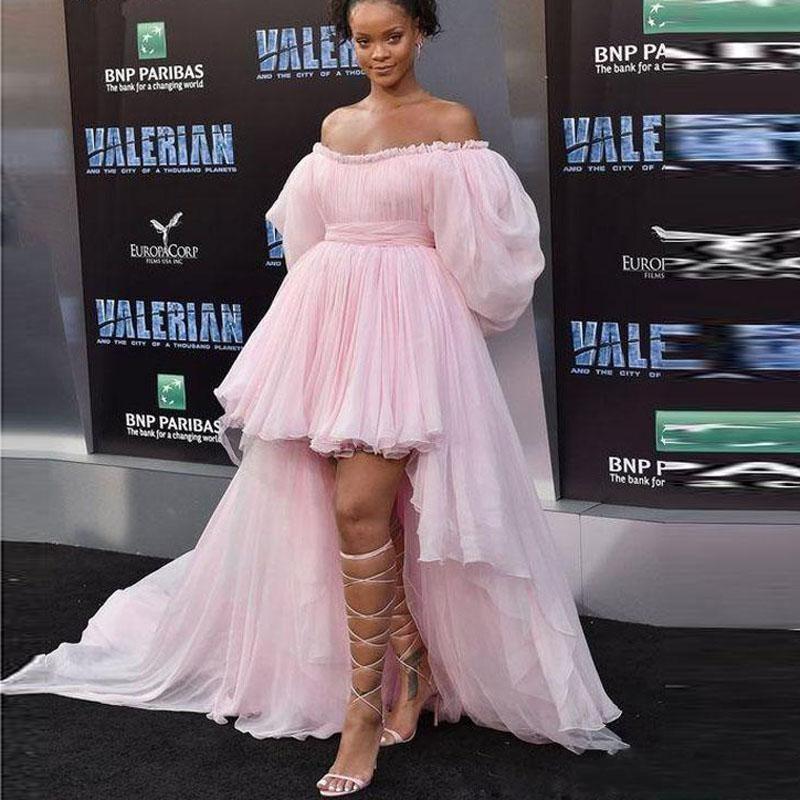 New Sexy Evening Dresses Party Gowns Baby Pink High Low Prom Dresses Off the Shoulder Poet Sleeves Tulle Hi Low Red Carpet Celebrity