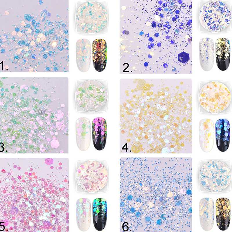 50g/Bag Nail Sparkly Hexagon Flake 6-Color Iridescence Loose Chunky Mix-Size Flakes Spangle Manicure Glitter Decoration Flakes
50g/Bag Nail Sparkly Hexagon Flake 6-Color Iridescence Loose Chunky Mix-Size Flakes Spangle Manicure Glitter Decoration Flakes