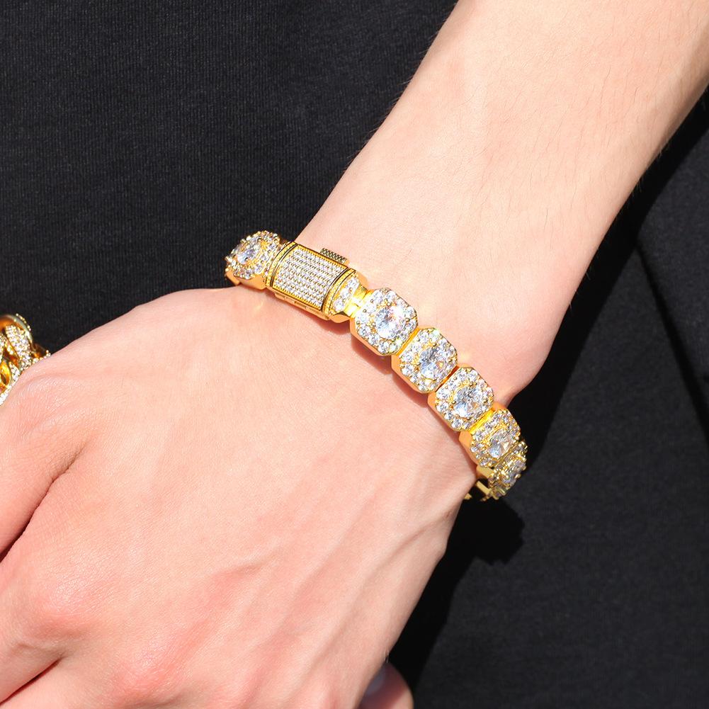 12.5mm Iced Out Clustered CZ Stones Tennis Bracelets for Women Guys Hop Hop Fashion Rapper Wristband Chains 18K Gold Cubic Zirconia Mens Diamond Tenni