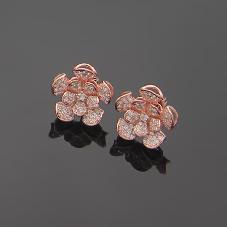 Europe America Style Lady Women Titanium Steel Engraved B Initials Full Diamond Flower Stud Earrings 3 Color