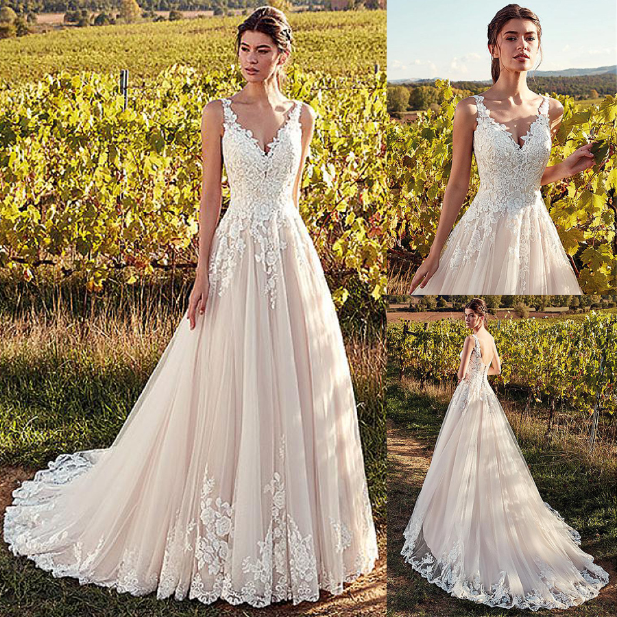 Elegant Tulle V-neck Neckline A-line Wedding Dresses With Lace Appliques Nude Pink Floor-Length Bridal Gowns vestido de noiva 2019, White
Elegant Tulle V-neck Neckline A-line Wedding Dresses With Lace Appliques Nude Pink Floor-Length Bridal Gowns vestido de noiva 2019, White