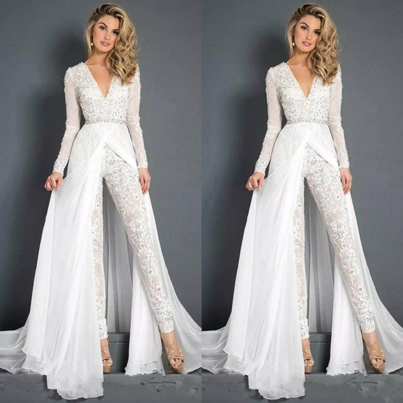 2022 Fashion Lace Chiffon Wedding Dress Jumpsuits With Overskirt Modest V Neck Long Sleeve Bridal Gowns Beach Casual Pant Suits Dresses for Bride