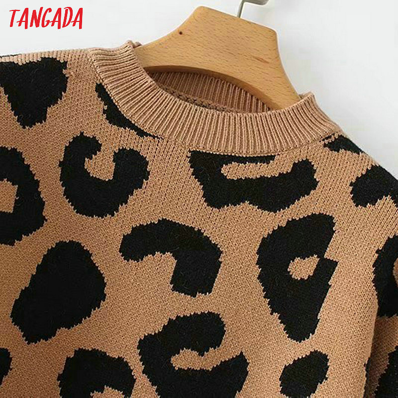 Women's Leopard Knitted Sweater - Thick Warm Winter Pullover With V-Neck, Casual Loose Fit, Brown B4