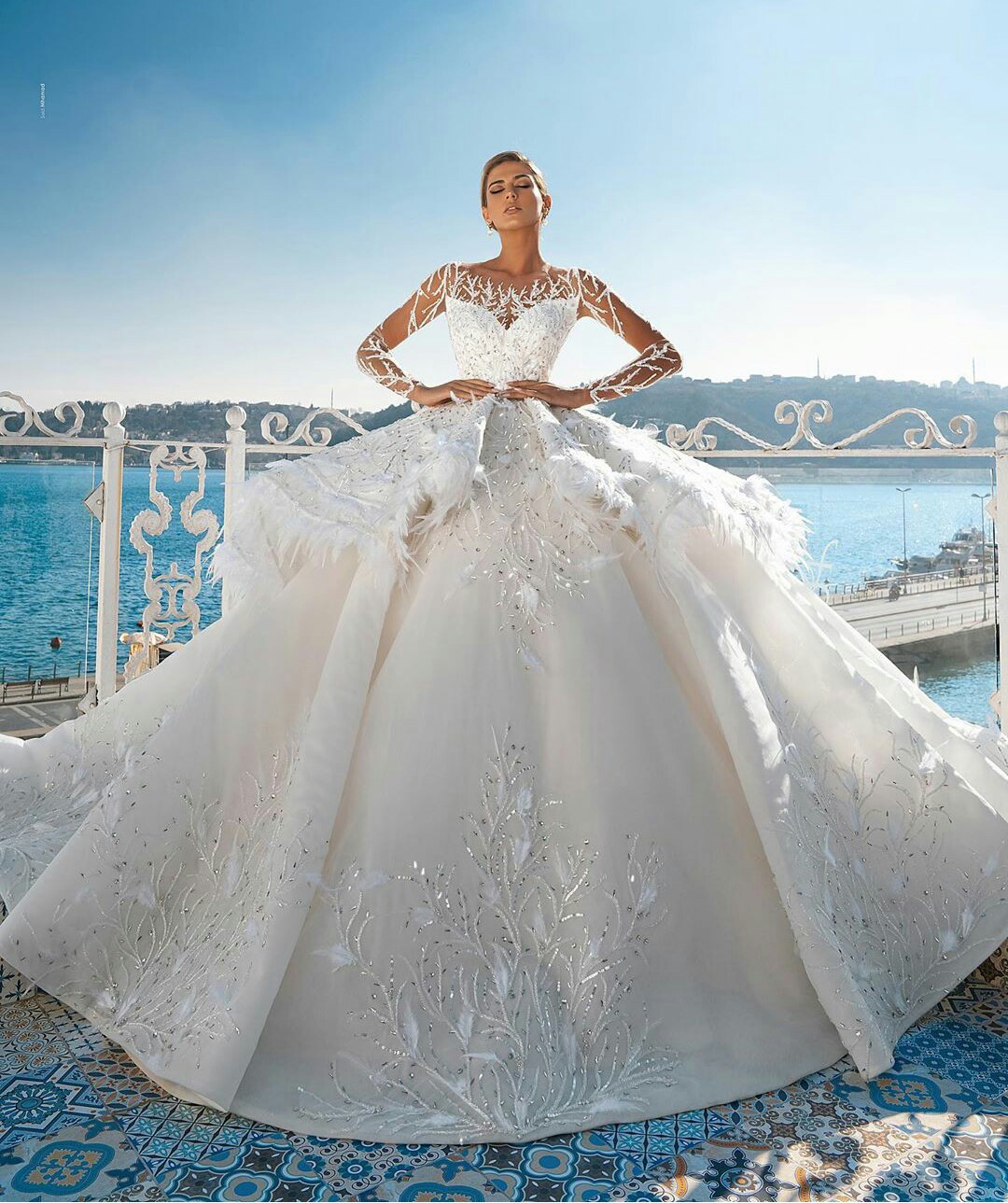 Dubai Crystal Ball Gown Wedding Dresses 2021 Plus Size Bridal Gowns Sheer Long Sleeves Lace Feathers vestido de novia