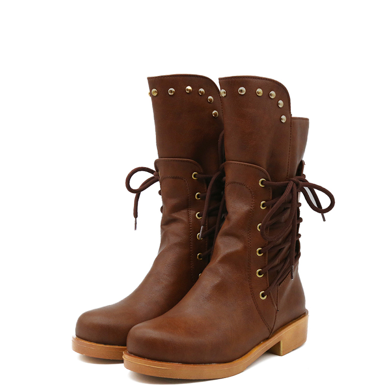 Fashion Ladies Boots Winter Retro Cross Belt Cowhide Boots Ladies PU Leather Waterproof Casual, Black