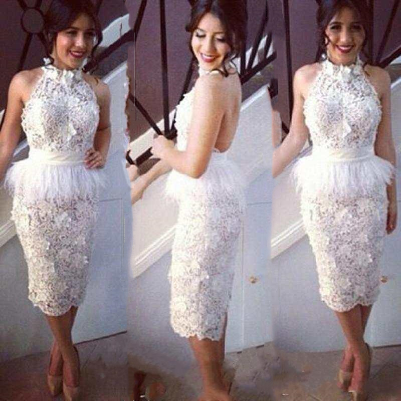 Fashion Short Sheath Ivory Lace Cocktail Party Dresses Feather Peplum Prom Dress Applqiues Sexy Halter Backless Special Occasion Gowns