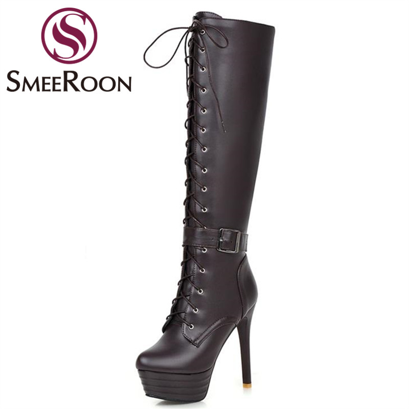 Smeeroon knee high boots motorcycle lace up super high thin heels winter boots style buckle platform woman's shoes, Black
Smeeroon knee high boots motorcycle lace up super high thin heels winter boots style buckle platform woman's shoes, Black