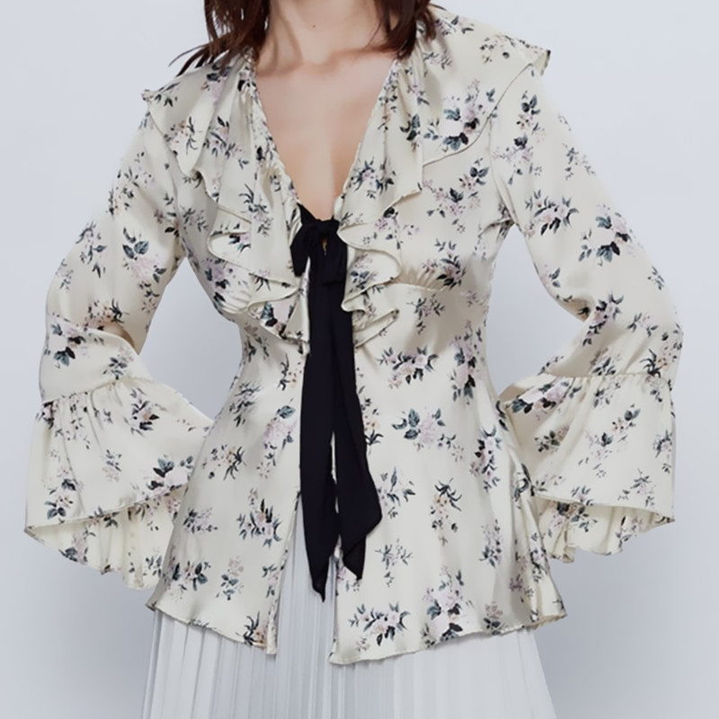 Elegant Summer Shirt Women 2020 Ruffle V-neck Long Sleeve Front Tie Hook Tops Female Chic Satin Print Blouse Blusas, As picture
Elegant Summer Shirt Women 2020 Ruffle V-neck Long Sleeve Front Tie Hook Tops Female Chic Satin Print Blouse Blusas, As picture