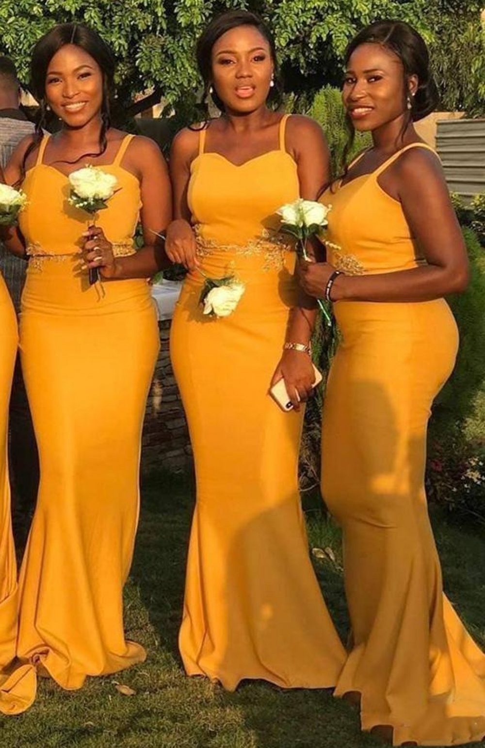 African New Yellow Bridesmaid Dresses Black Girls Sexy Mermaid Spaghetti Straps Appliqued Long Maid of Honor Gowns