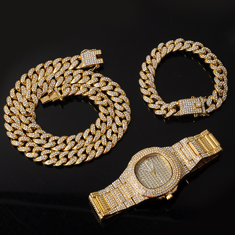 Chains Full Necklace +Watch+Bracelet Hip Hop Miami Curb Cuban Chain Gold Iced Out Paved Rhinestones CZ Bling For Men Jewelry1