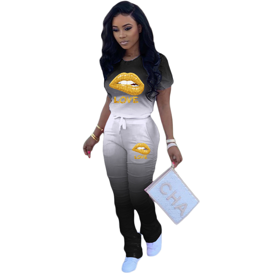 Spot Pants European and American Fashion street models positioning gradient lips letter folds two casual suits