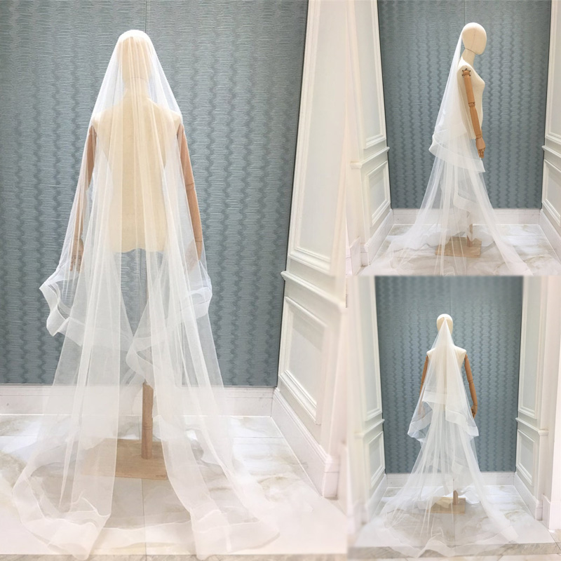 Real Picture Bridal Veils Ribbon Edge Wedding Wraps White Ivory Soft Tulle White Ivory Two Layer With Comb