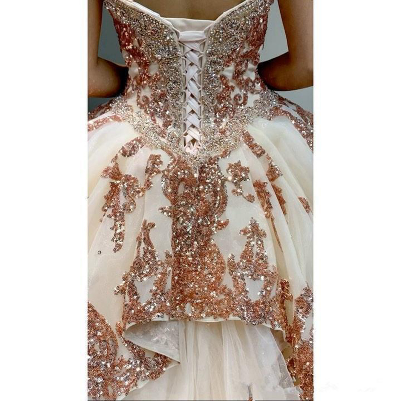 Luxurious Rose Gold Lace Beaded Quinceanera Prom Dresses Sparkly Sweetheart Evening Party Gown Sweet 16 Dress Vestido
