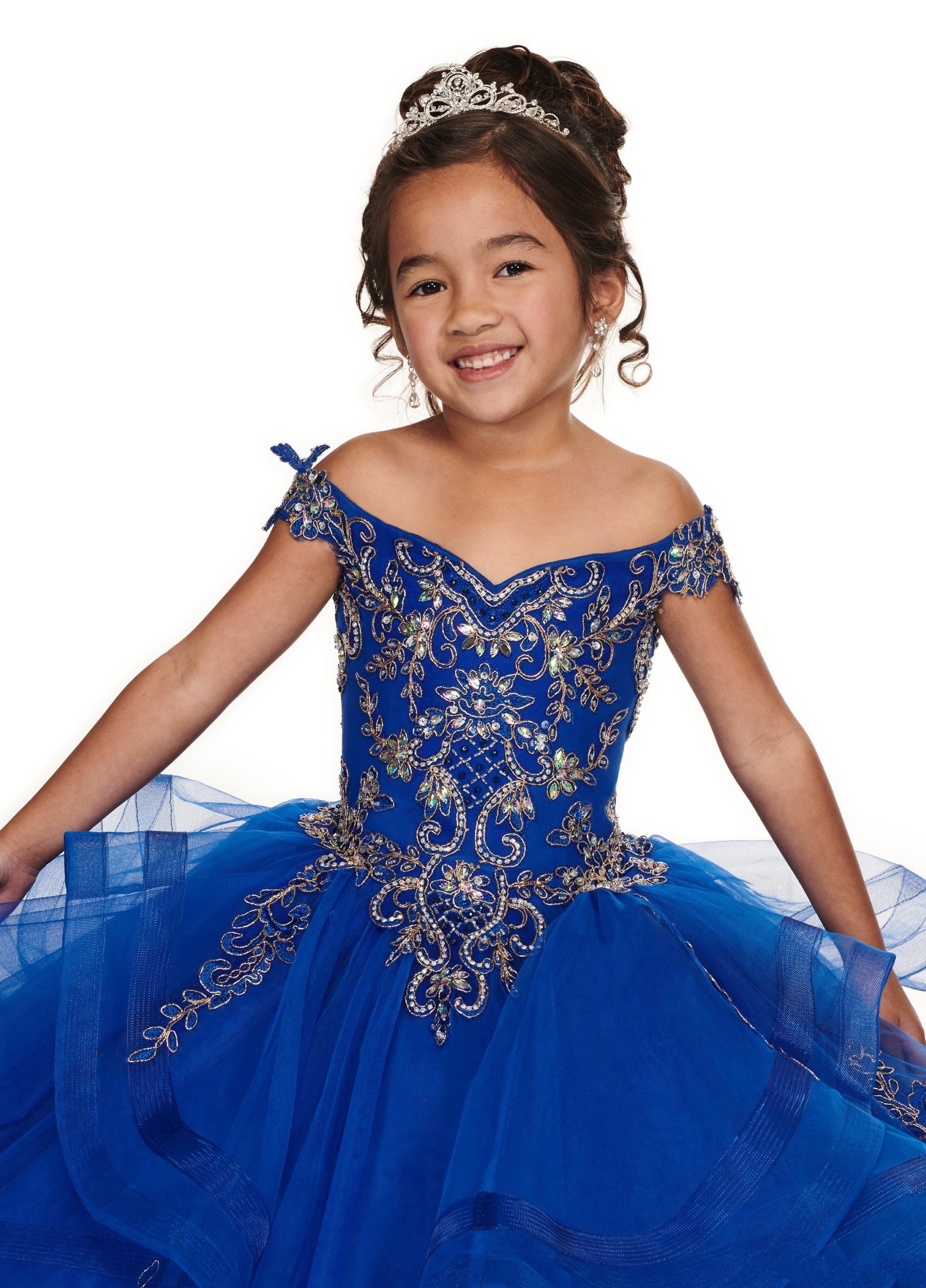 Cheap Royal Blue Peach Girls Pageant Off Shoulder Gold Lace Embroidery Beaded Flower Girl Dresses Kids Wear Birthday Communion Dress