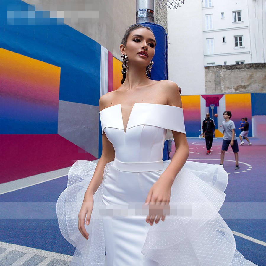 Detachable Mermaid Wedding Dresses 2020 Satin two pieces Elegant Boat Neck ETHEL ROLYN White Bride Gowns Customized Vestido De Novia