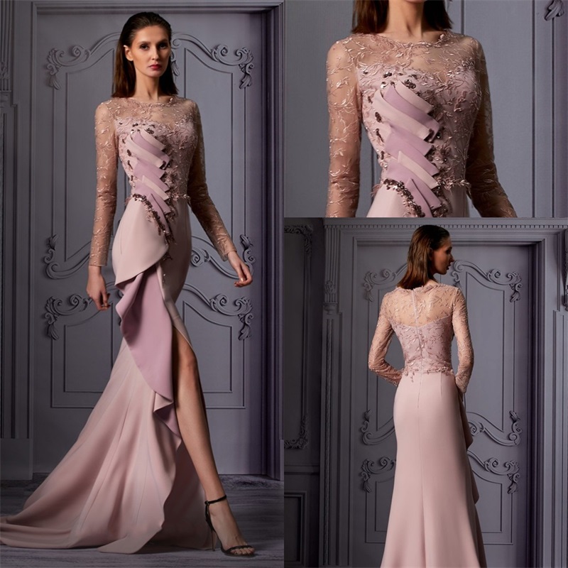 sexy sidesplit evening dresses newest long sleeves lace beads appliqued formal party dress ruched satin sweep train custom made prom dress