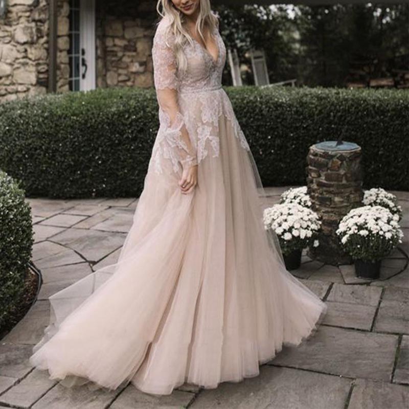 2020 Romantic Champagne Boho Beach Wedding Dresses A Line Illusion Long Sleeves V Neck Bridal Gowns Appliques Lace Country Tulle Bride Dress