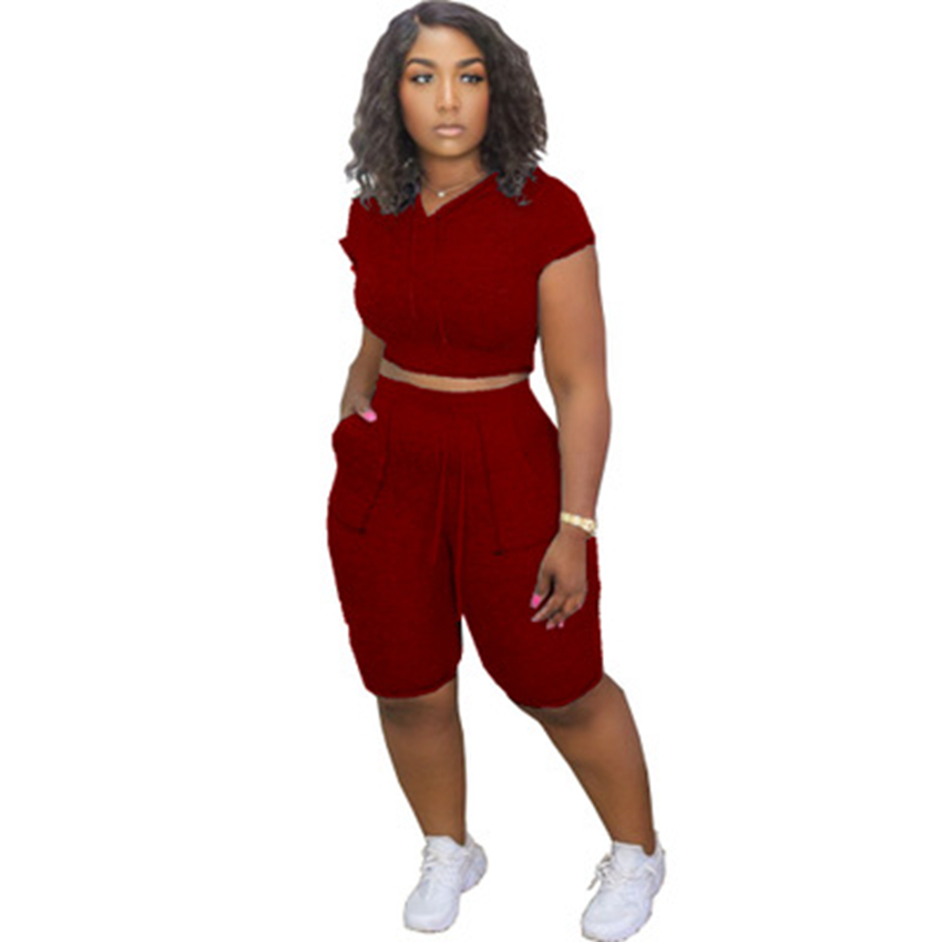 Trend Spot Tracksuits European and American Fashion Pure Color Hooded Casual Comfortable Short Sleeve Pocket Set