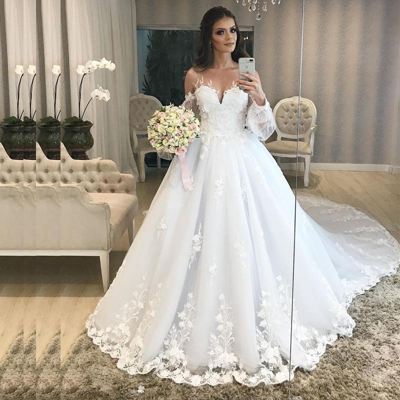 Illusion Full Sleeves Wedding Dresses Long Floral Lace Appliques V Neck Chapel Train Bridal Dress Princess robe de mariee