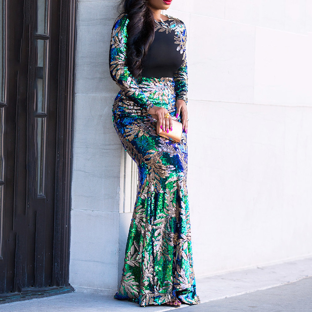 Vintage Green Long Sleeve Mermaid Sequins Dress Sparkly Elegant Plus Size Shiny Party Evening African Long Dresses for Women 200928