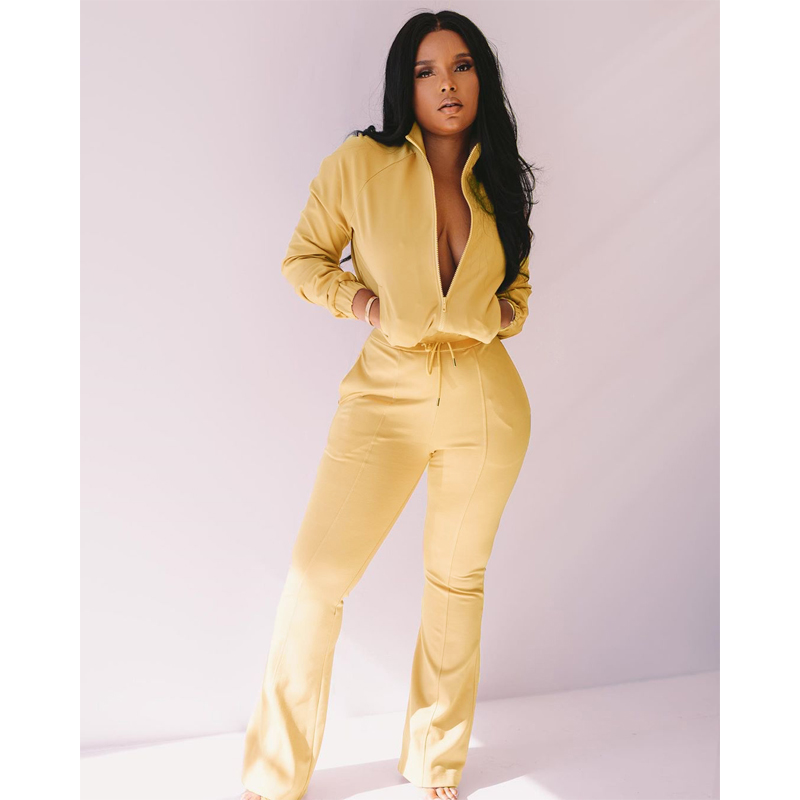 Women Sport Solid Women two piece set Tracksuits off shoulder Hoodies stacked flare jogger pants Suit Outfits Matching Set