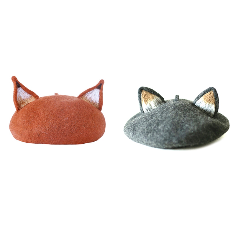 Cute Ear Beret Casual Warm Painter Hat Handmade Beret, Deep gray