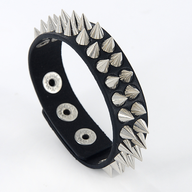 Gothic Delicate Cuspidal Spikes Rivet Cone Stud Cuff Black Leather bracelets & bangles Punk Bracelet for women men jewelry